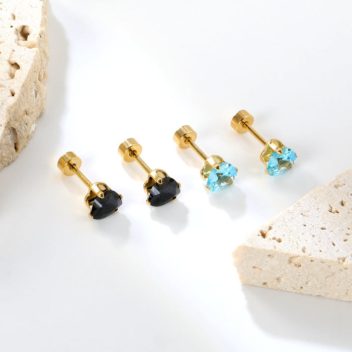 12 pair 6mm Steel/Gold Heart White/Black/Blue CZ Screw Plugs asonjewelry