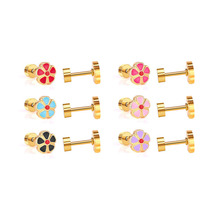 12 pairs 6.5mm Steel / Gold Flower Mixed Color Screwback Stud Earrings asonjewelry