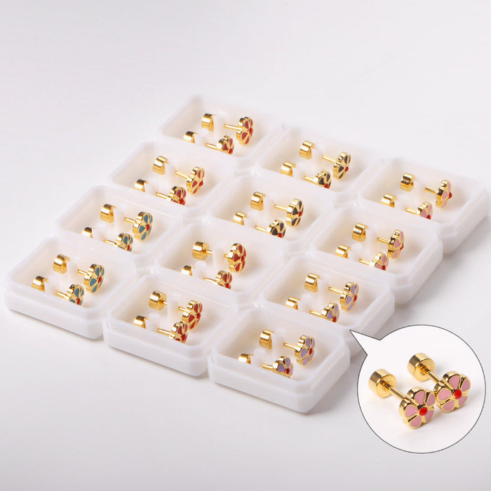 12 pairs 6.5mm Steel / Gold Flower Mixed Color Screwback Stud Earrings asonjewelry