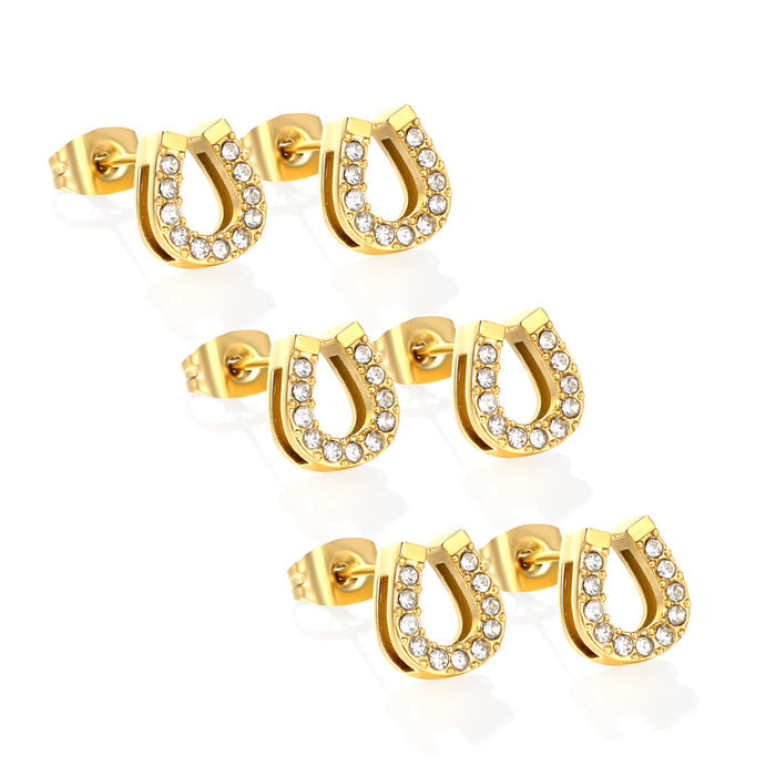 3 pairs of 8*9.1mm U-shaped white diamond stud earrings Gold asonjewelry