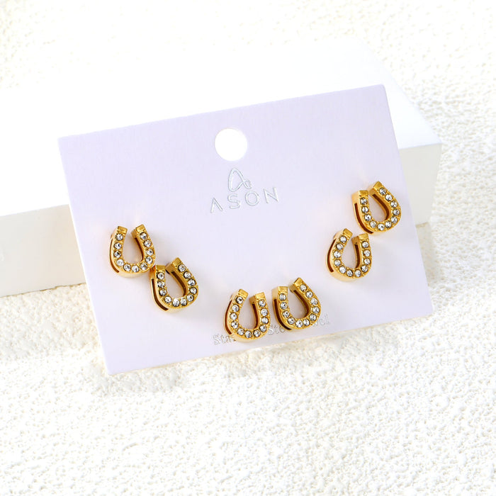 3 pairs of 8*9.1mm U-shaped white diamond stud earrings Gold asonjewelry
