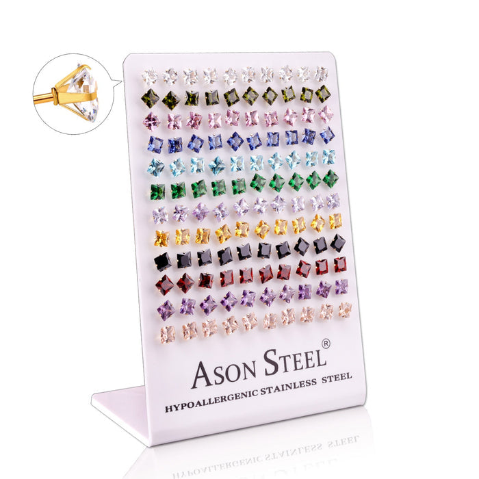 6mm Snapback Steel/Gold Square Mixed Diamond Stud Earrings asonjewelry