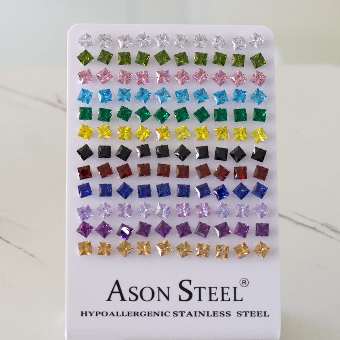 6mm Snapback Steel/Gold Square Mixed Diamond Stud Earrings asonjewelry