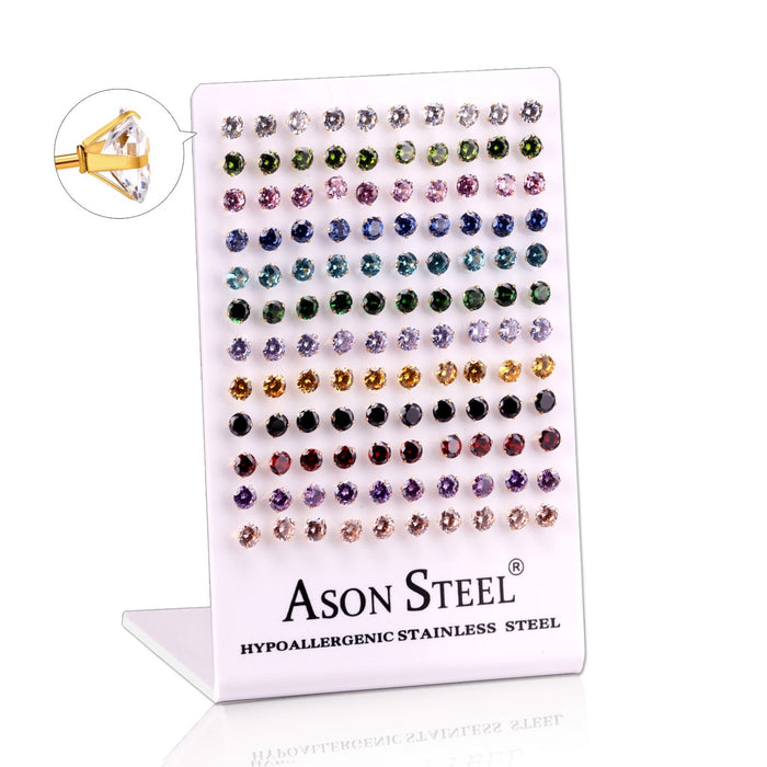 6mm steel/gold four-prong round diamond studs on card base asonjewelry