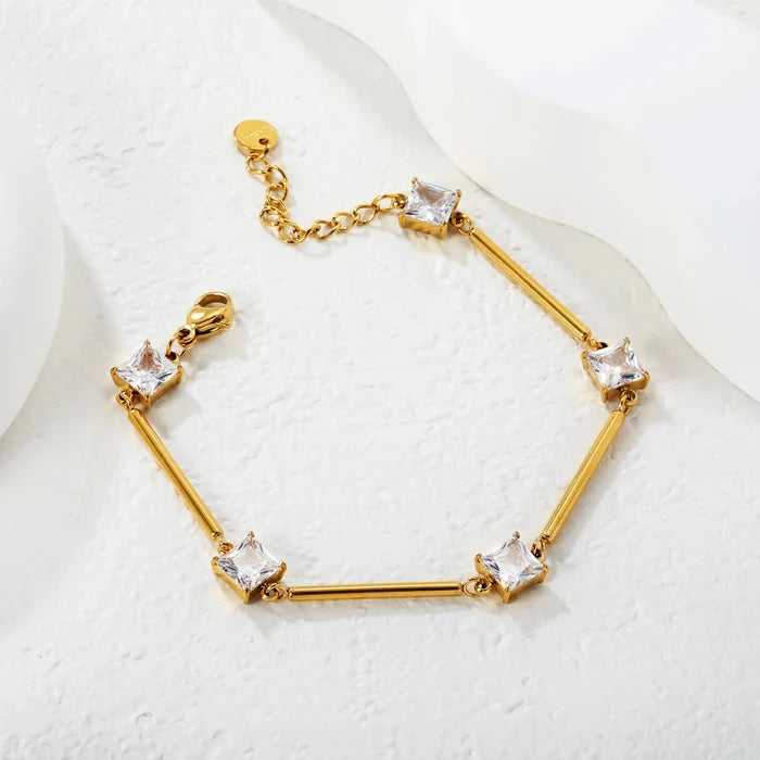 7mm white/blue round diamonds 23*2mm bamboo-shaped straight bar 17+3cm+6mm round tail tag bracelet in gold color asonjewelry