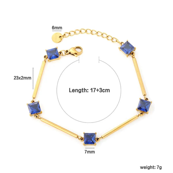 7mm white/blue round diamonds 23*2mm bamboo-shaped straight bar 17+3cm+6mm round tail tag bracelet in gold color asonjewelry