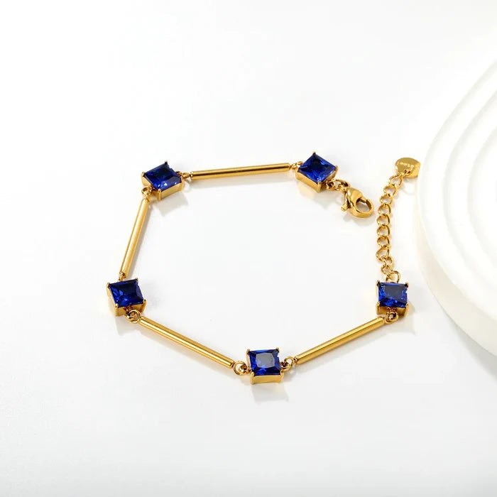 7mm white/blue round diamonds 23*2mm bamboo-shaped straight bar 17+3cm+6mm round tail tag bracelet in gold color asonjewelry