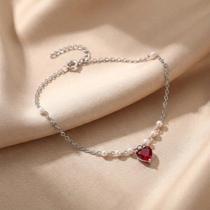 925 Pure Silver Delicate Pearl & Dangle Heart Anklet
