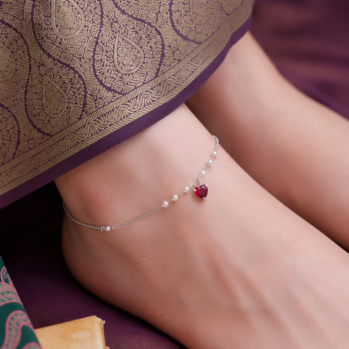 925 Pure Silver Delicate Pearl & Dangle Heart Anklet