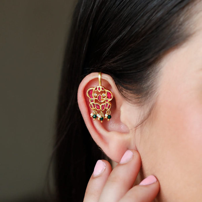 925 Pure Silver Red Kundan Elephant Earrings