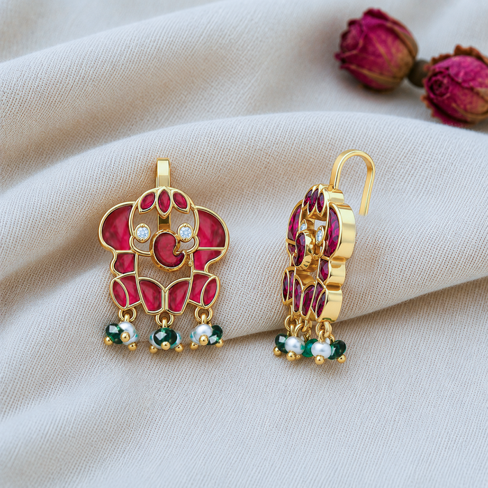 925 Pure Silver Red Kundan Elephant Earrings