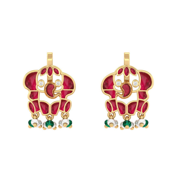 925 Pure Silver Red Kundan Elephant Earrings