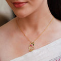 925 Pure Silver Red Lotus & Green Leaf Elephant Necklace