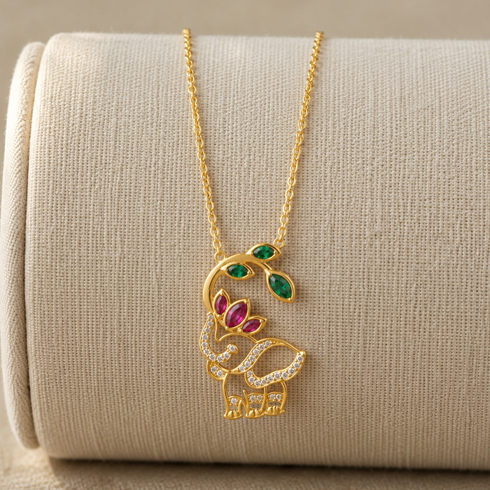 925 Pure Silver Red Lotus & Green Leaf Elephant Necklace