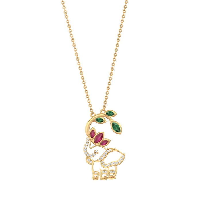925 Pure Silver Red Lotus & Green Leaf Elephant Necklace