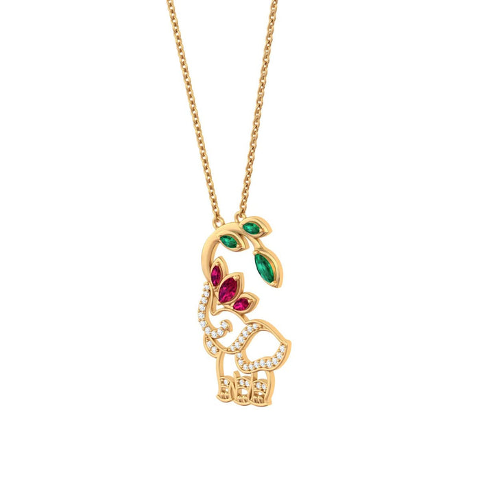 925 Pure Silver Red Lotus & Green Leaf Elephant Necklace