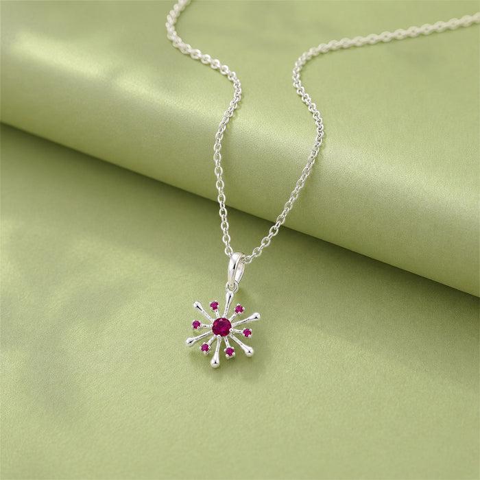 925 Pure Silver Red Zircon Snowflake Starburst Pendant Necklace