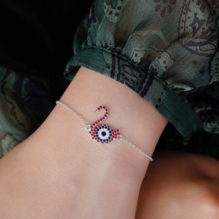 925 Pure Silver Sparkling Swan Evil Eye Bracelet