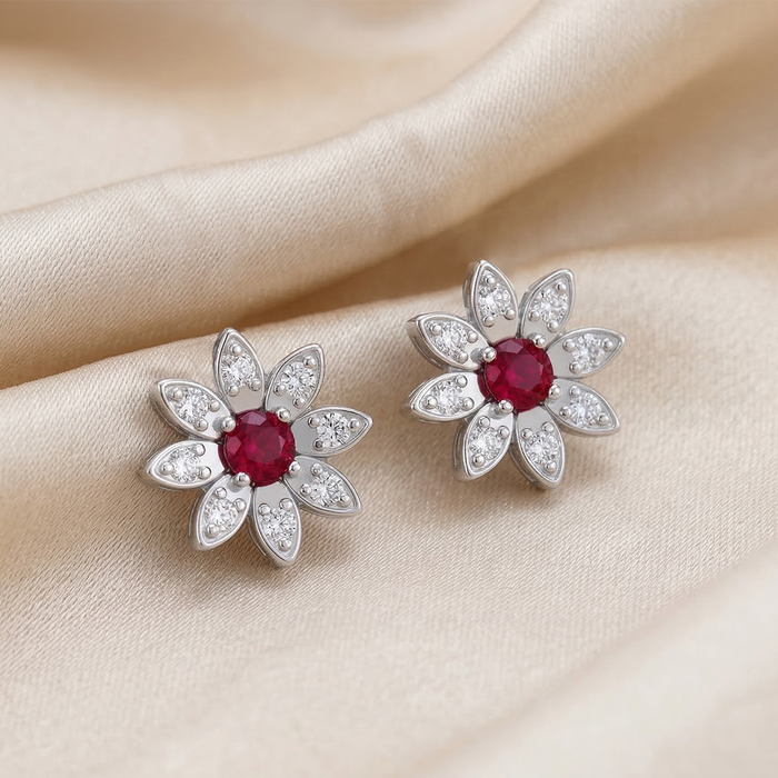 925 Pure Silver Sunflower Stud Earrings with Red & White Zircon