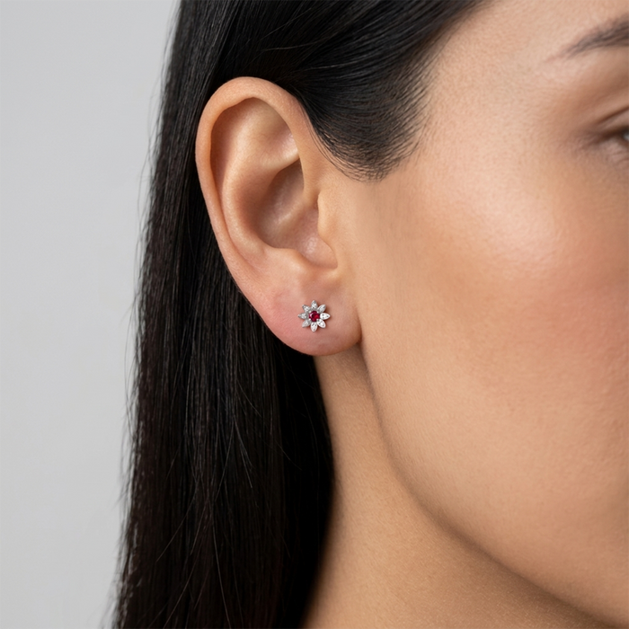 925 Pure Silver Sunflower Stud Earrings with Red & White Zircon