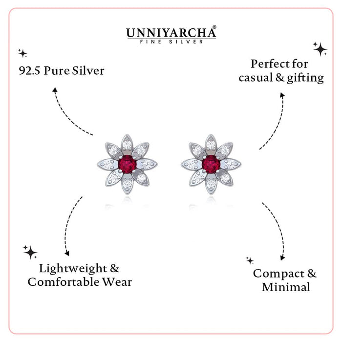 925 Pure Silver Sunflower Stud Earrings with Red & White Zircon
