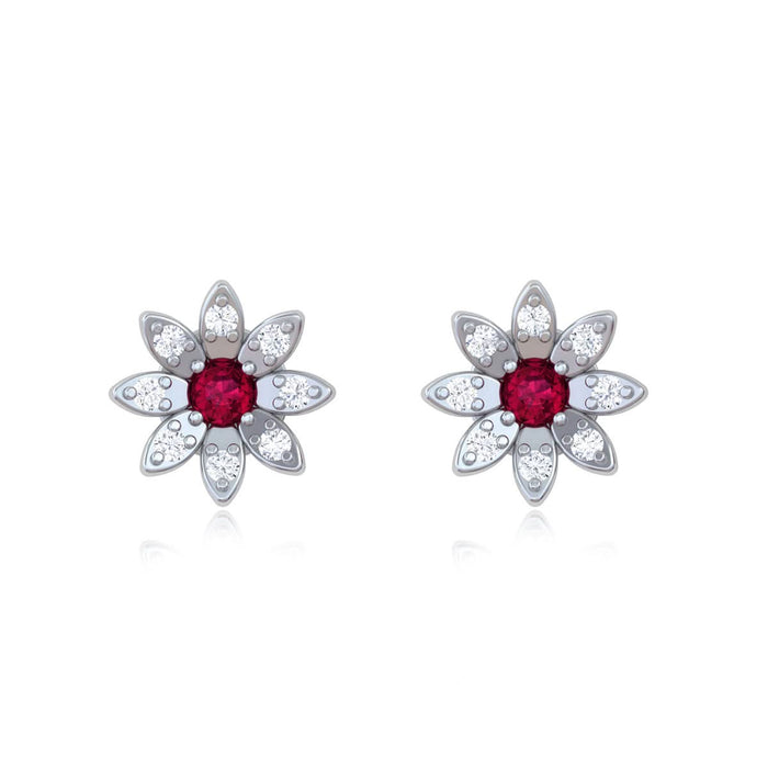 925 Pure Silver Sunflower Stud Earrings with Red & White Zircon