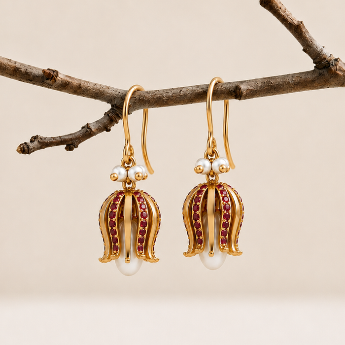 92.5 Pure Silver Tulip Bloom Ruby Earrings