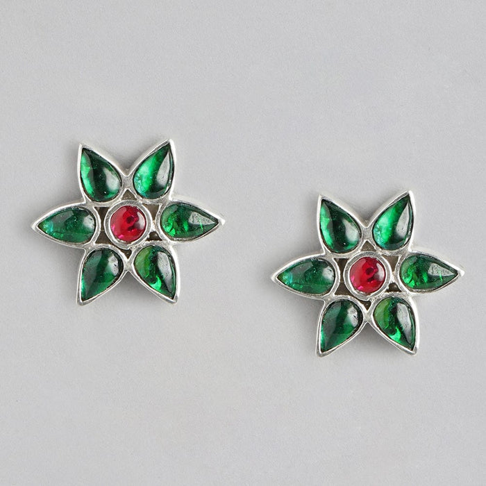 92.5 Silver Green Kundan Flower Stud Earrings