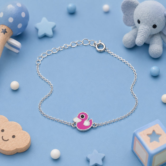 925 Silver Kids Duck in Pink Enamel Bracelet