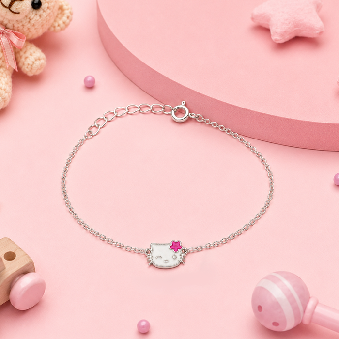 925 Silver Kids Kitty in White Enamel Bracelet