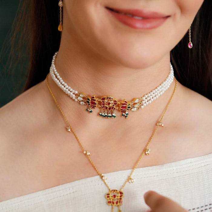 925 Silver Kundan Elephant with Lotus Choker Necklace (Gold Plating)