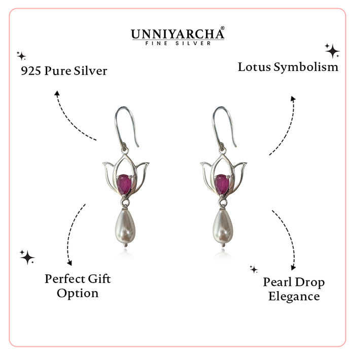 92.5 Silver Lotus Crimson Drop Earrings