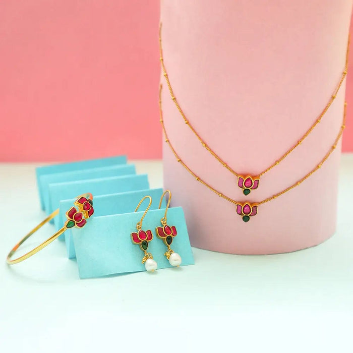 92.5 sterling silver Pink Lotus jewelry set by Unniyarcha, featuring pink enamel lotus accents and matching earrings
