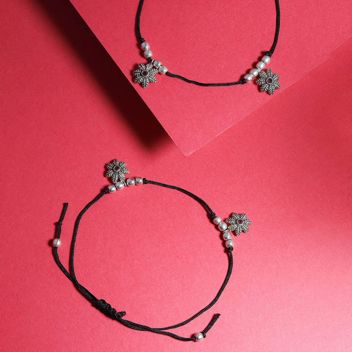 92.5 Sterling Silver Black thread flower Anklet