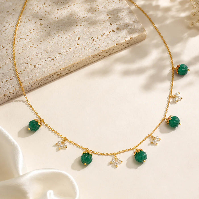 925 Sterling Silver Delicate Mellon Bead with Pink Zircon Cap Necklace (Gold Plating)