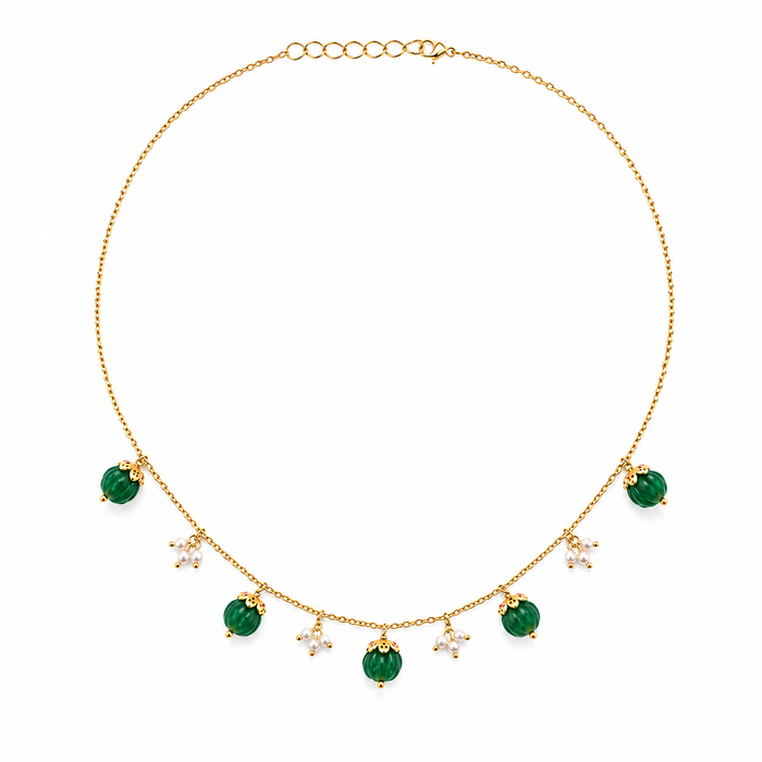 925 Sterling Silver Delicate Mellon Bead with Pink Zircon Cap Necklace (Gold Plating)