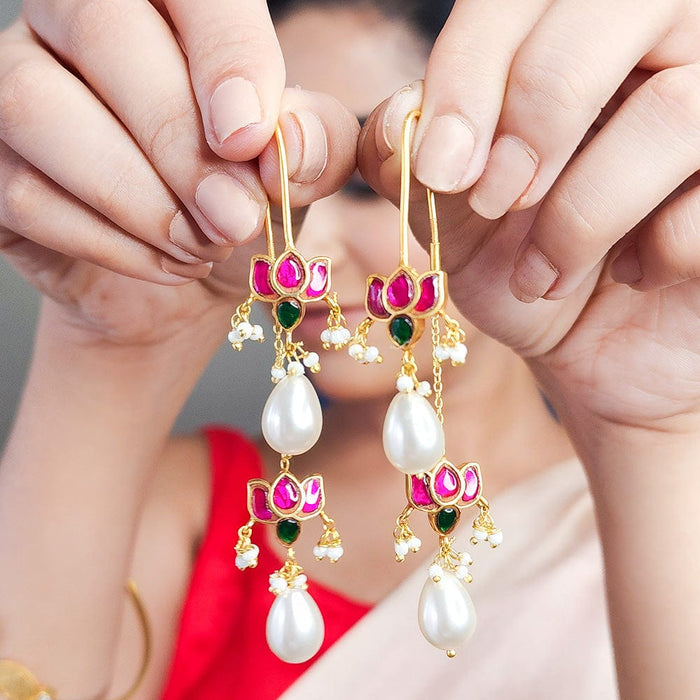 925 Sterling Silver Double Lotus Kundan Sui Dhaga Earring