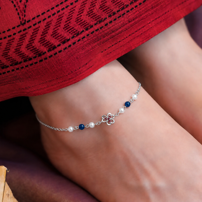 925 Sterling Silver Floral Pearl Anklet
