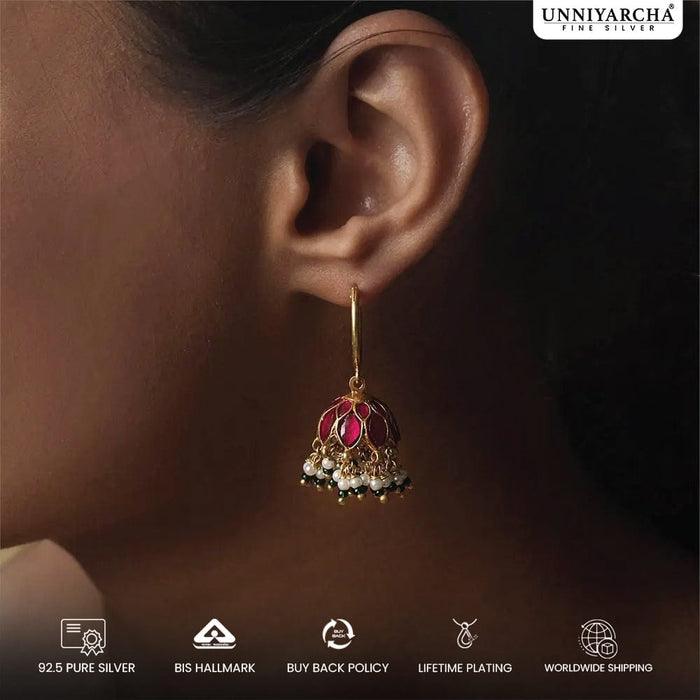 92.5 Sterling Silver graceful Kundan Bali with stone and pearls