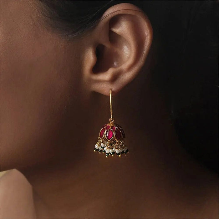 92.5 Sterling Silver graceful Kundan Bali with stone and pearls