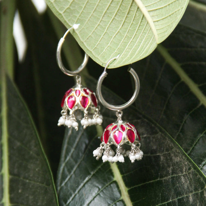 92.5 Sterling Silver graceful Kundan Bali with stone and pearls