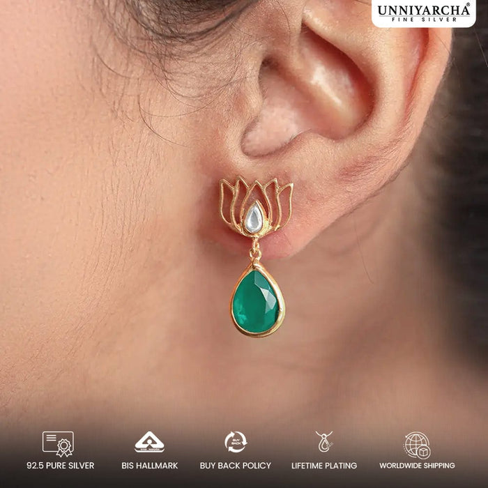 925 Sterling Silver Green Lotus Earring