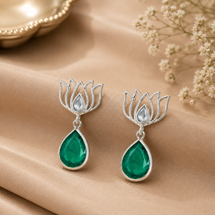 925 Sterling Silver Green Lotus Earring