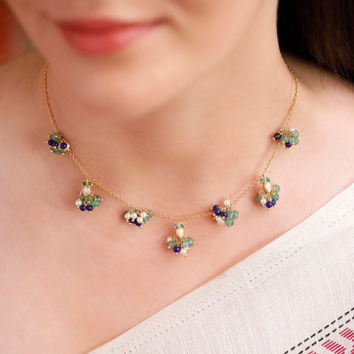 925 Sterling Silver Heirloom Delicate Colored Bead Necklace (Gold Plated)
