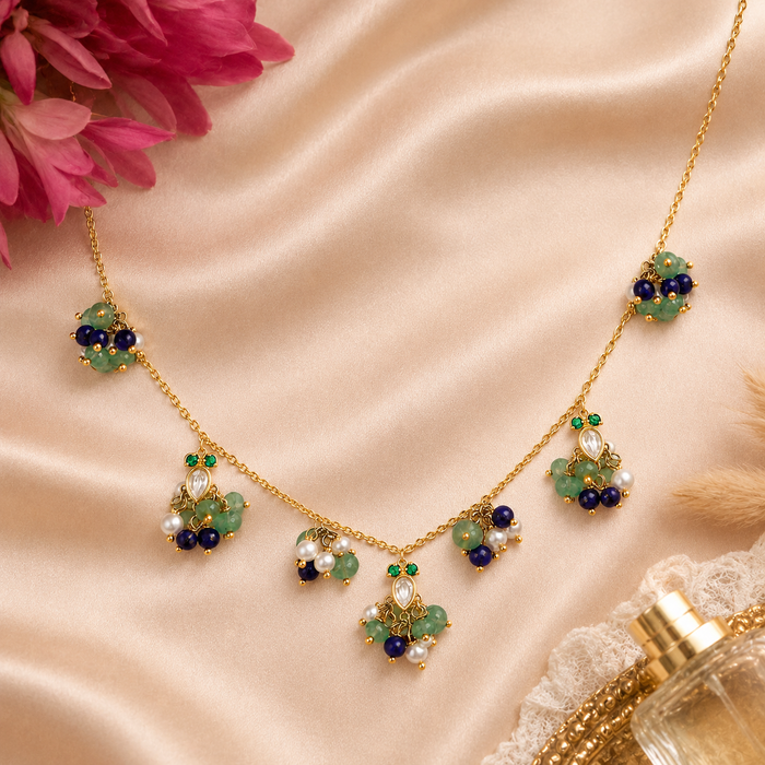 925 Sterling Silver Heirloom Delicate Colored Bead Necklace (Gold Plated)