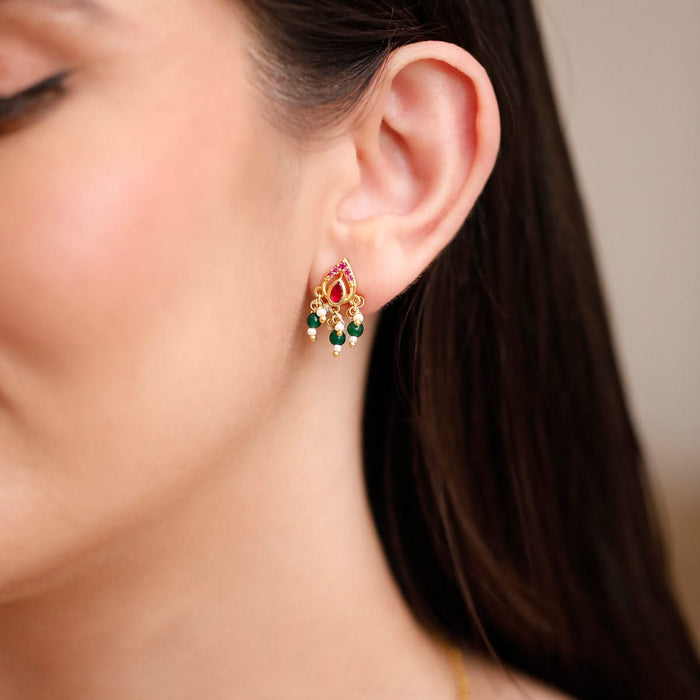 925 Sterling Silver Heirloom Pink Kundan & Green Bead Earrings (Gold Plating)