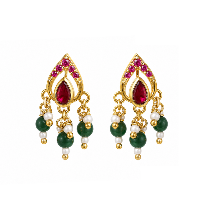 925 Sterling Silver Heirloom Pink Kundan & Green Bead Earrings (Gold Plating)