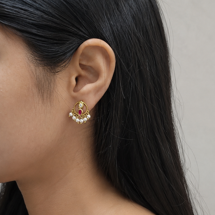 925 Sterling Silver Heirloom Round motif with Red Kundan & Pearl Stud Earrings (Gold Plated)