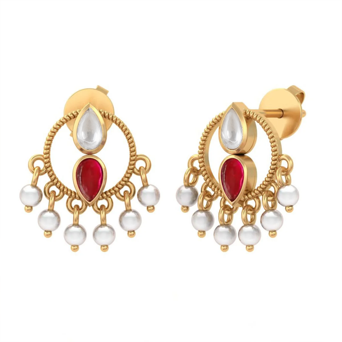 925 Sterling Silver Heirloom Round motif with Red Kundan & Pearl Stud Earrings (Gold Plated)