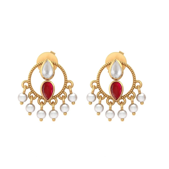 925 Sterling Silver Heirloom Round motif with Red Kundan & Pearl Stud Earrings (Gold Plated)